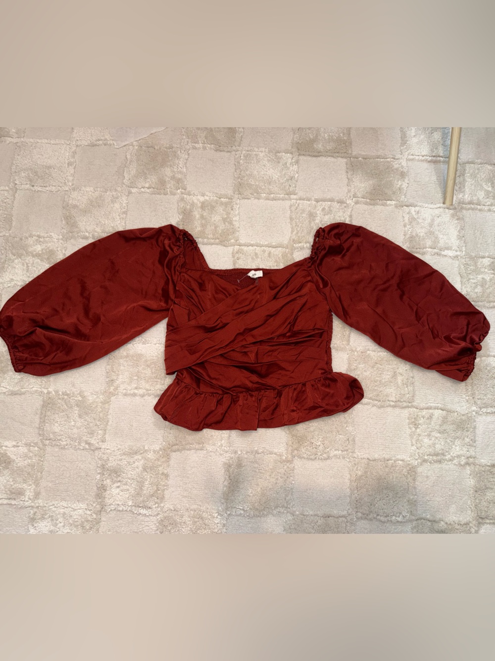 Satin Rust Wrap Front renaissance style peplum Puff Sleeve Blouse Size Large